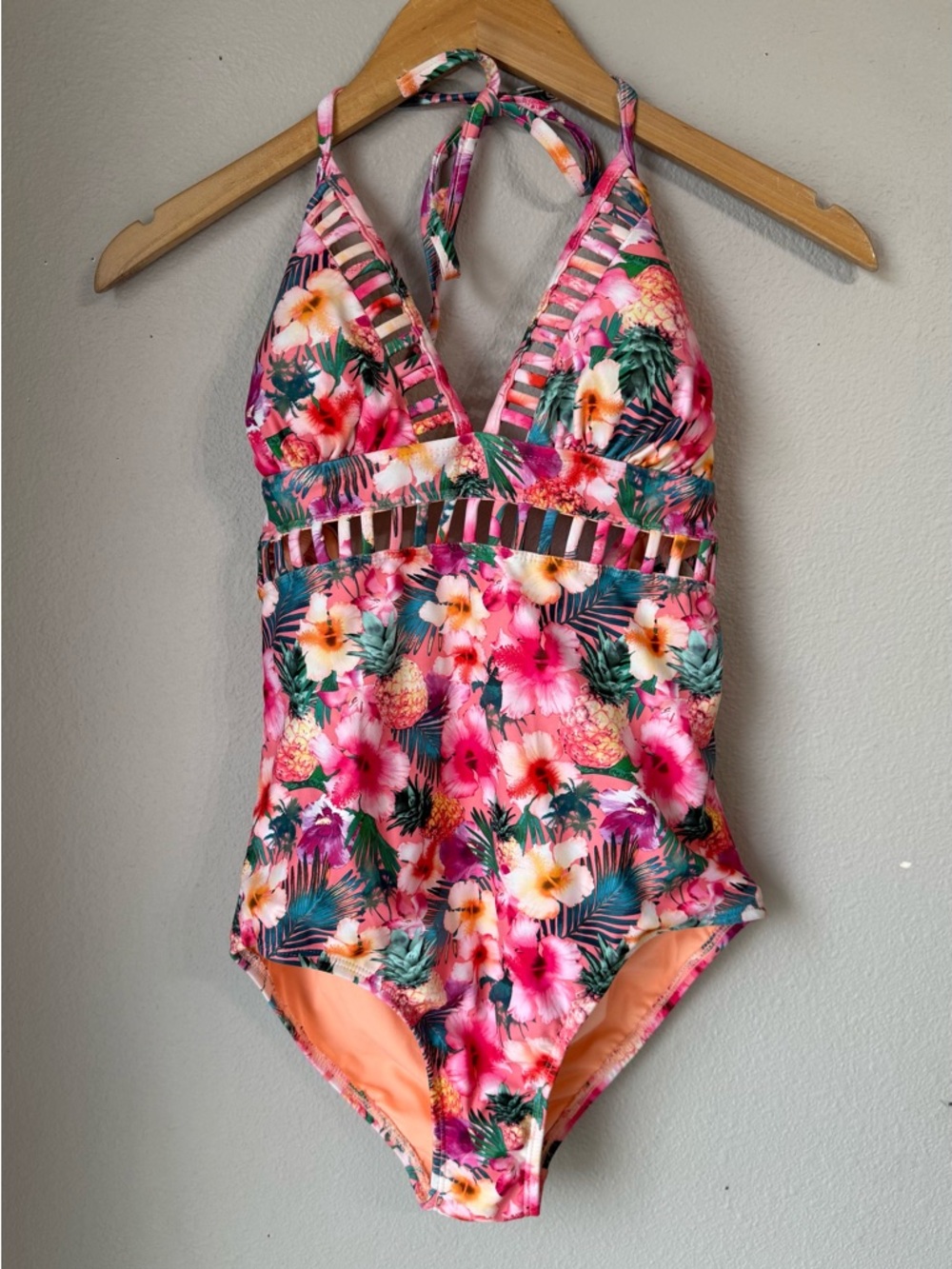 OP One Piece Swimsuit Bathing Suit Tropical Floral Cut Out Detail Vintage Size L